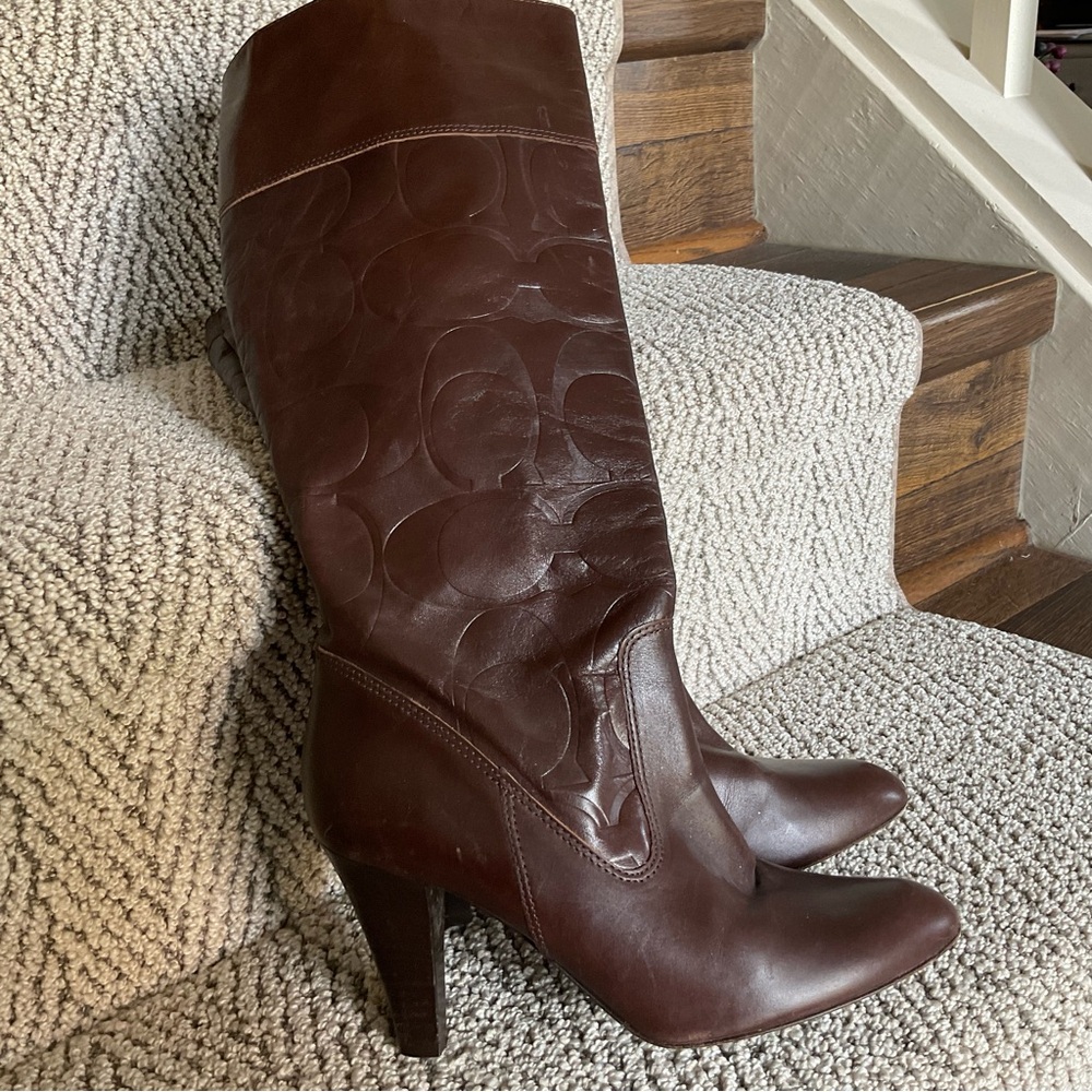 Coach Embossed Logo Brown Leather Knee-High Boots
